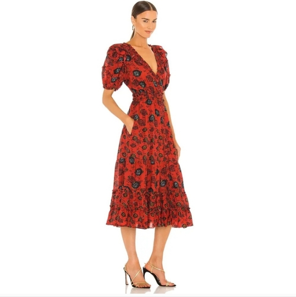 Ulla Johnson Dresses & Skirts - Ulla Johnson Red Floral Midi Dress with Black Accents